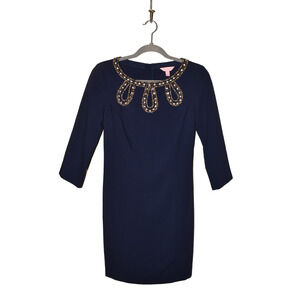 LILLY PULITZER $288 3/4 Sleeve Bronte‎ Shift Dress in True Navy Size 2
